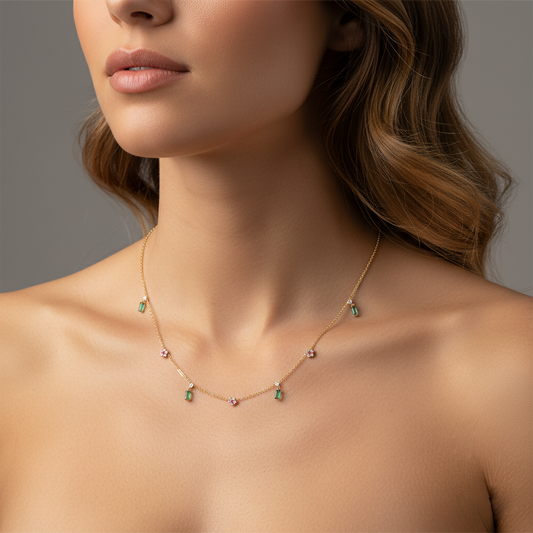 Baguette Emerald Round Ruby Charms Necklace V2 in 14K Yellow Gold