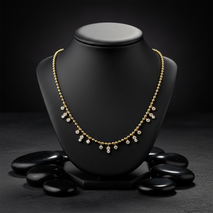 Ball Chain Diamond Serenity Station Necklace in 14K Yellow Gold
