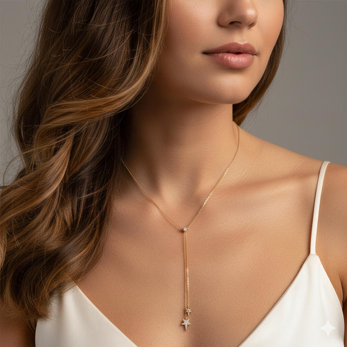 Multi-Sapphire Diamond Star Lariat Necklace in 14K Yellow Gold