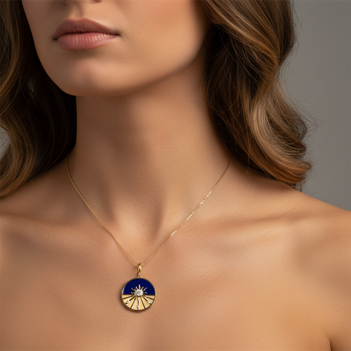 Sphere Lapis Diamond Pendant Necklace in 14K Yellow Gold