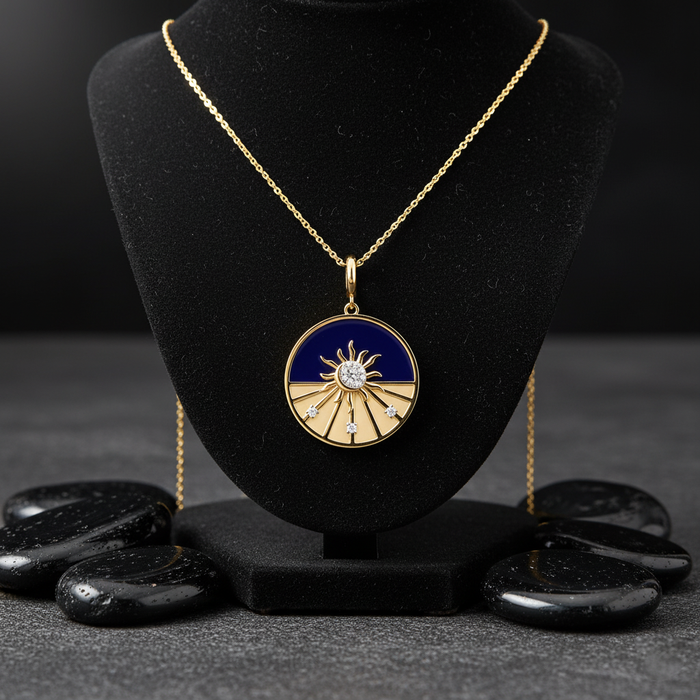 Sphere Lapis Diamond Pendant Necklace in 14K Yellow Gold