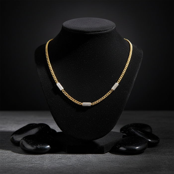 Cuban Link Chain Pave Bars Diamond Necklace in 14K Yellow Gold