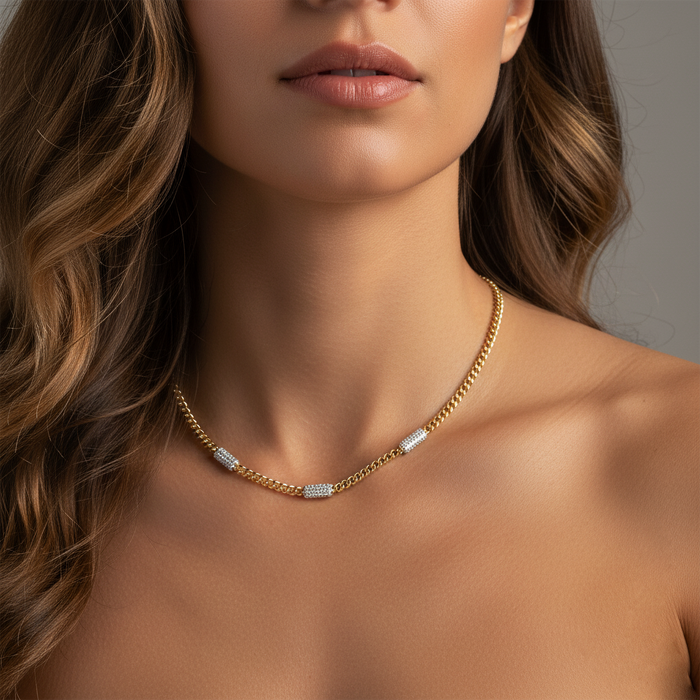 Cuban Link Chain Pave Bars Diamond Necklace in 14K Yellow Gold