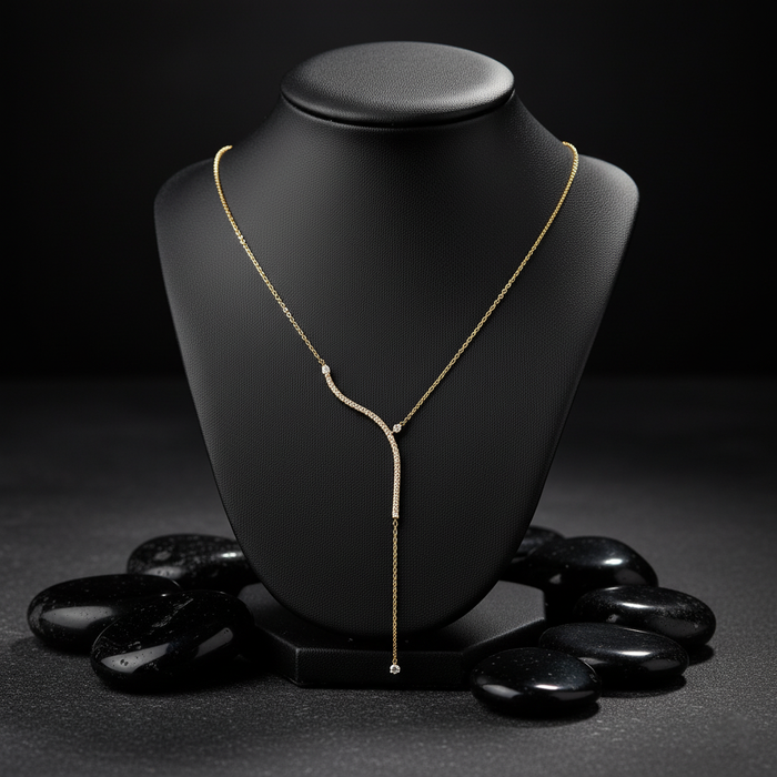 Curved Drop Accent Diamond Lariat Necklace in 14K Yellow Gold