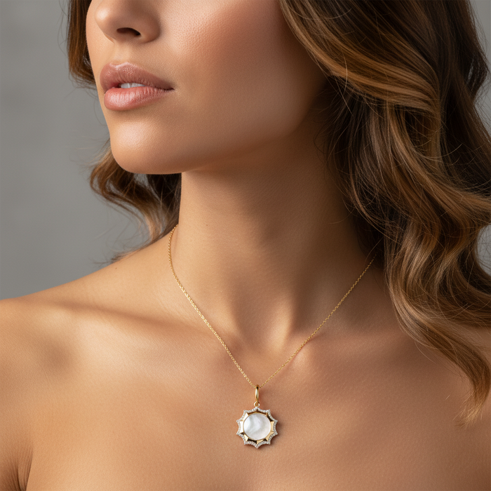 Mother Pearl Diamond Sunburst Pendant Necklace in 14K Yellow Gold