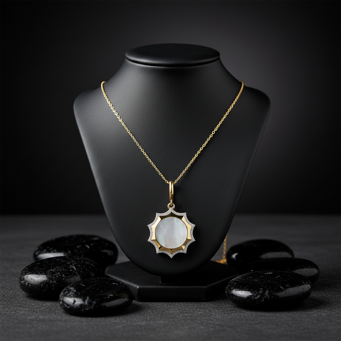Mother Pearl Diamond Sunburst Pendant Necklace in 14K Yellow Gold