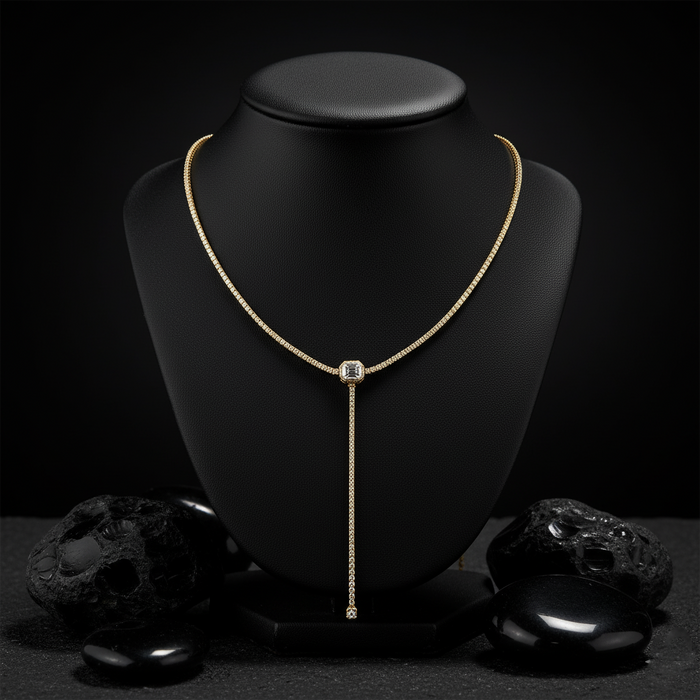 Adjustable Emerald Cut Diamond Lariat Necklace in 14K Yellow Gold