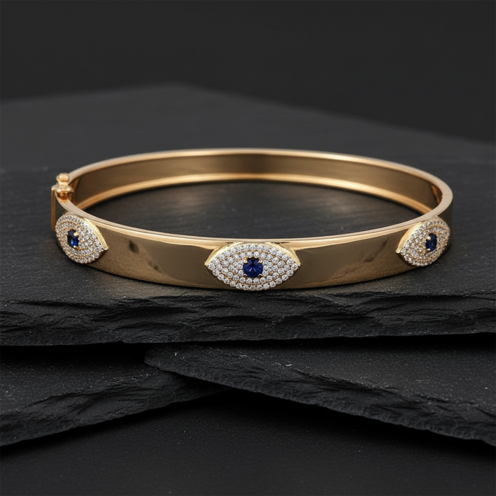 Evil Eye Sapphire Bangle Bracelet in 14K Yellow Gold
