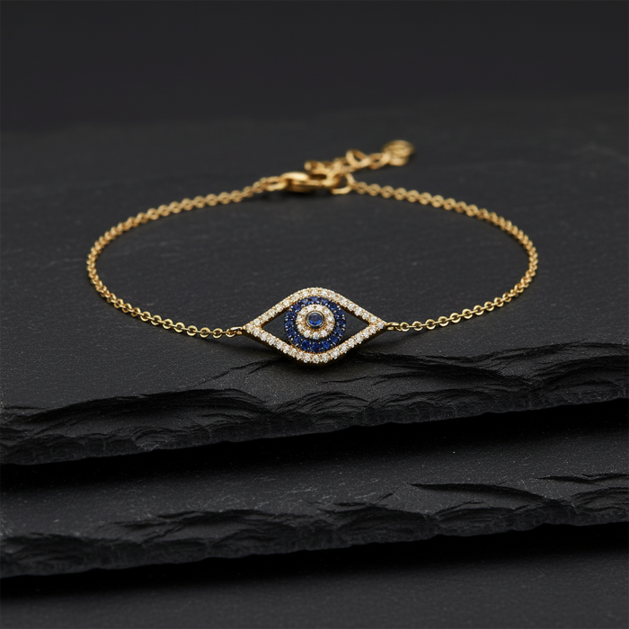 Sapphire Evil Eye Diamond Bracelet in 14K Yellow Gold