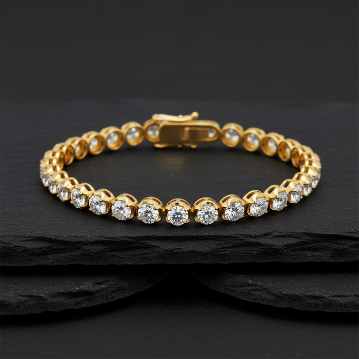 Round Basket Set Natural Diamond Straight 14K Gold Tennis Bracelet