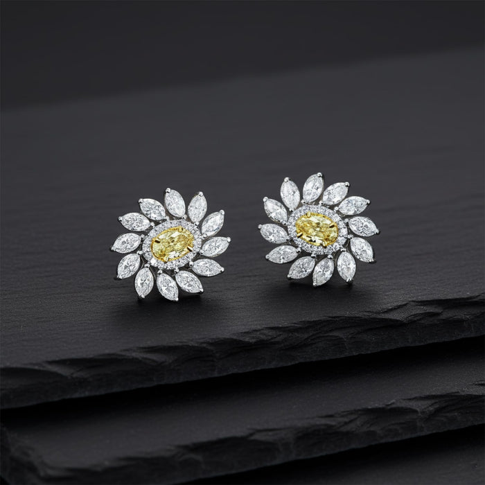 Floral Diamond 14K Yellow Centre White Marquise Earrings