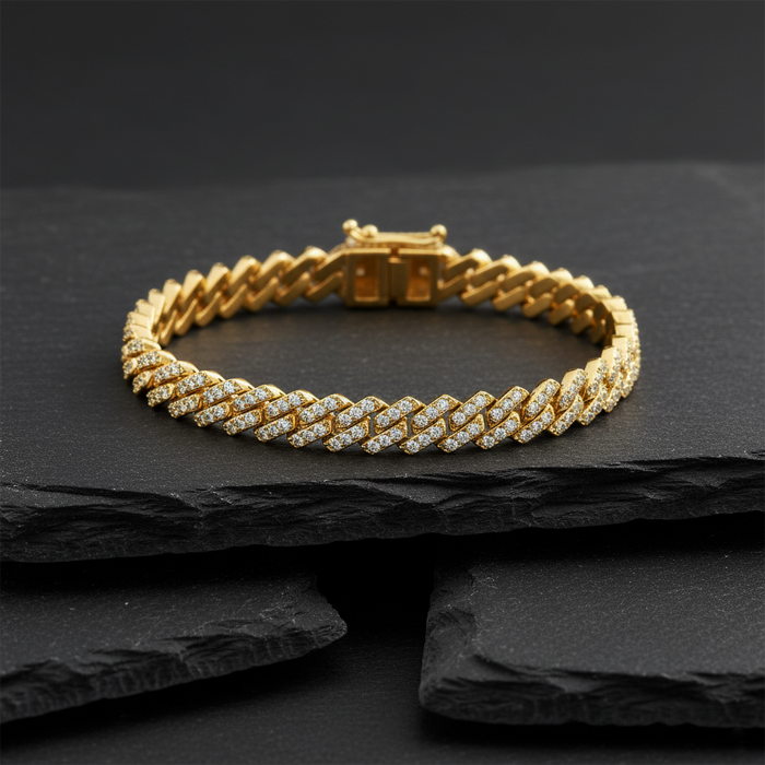 Diamond Studded Cuban Chain Bracelet in 14K Yellow Gold