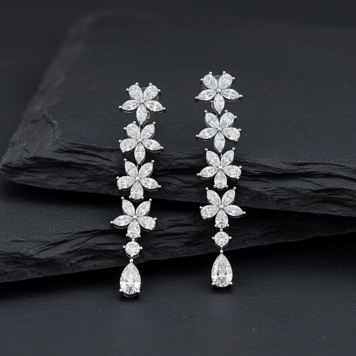 Flowers Petal Diamond Drop Earrings in 18K White Gold