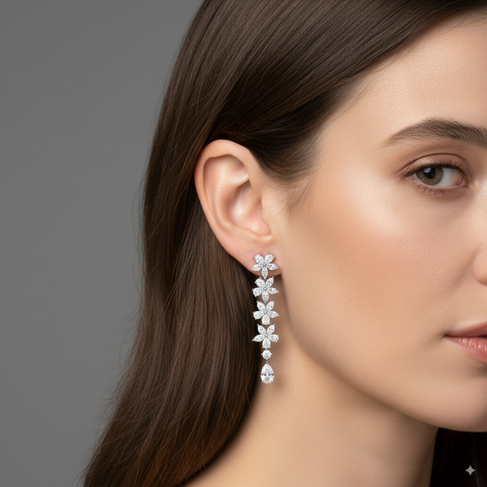 Flowers Petal Diamond Drop Earrings in 18K White Gold