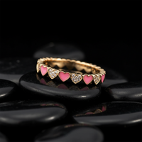 Heart Band Pink Enamel Diamond Ring in 14K Yellow Gold