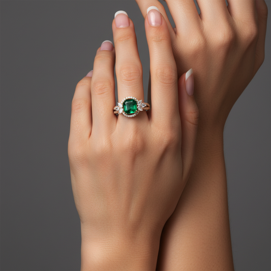 Emerald Halo Diamond Statement Ring in 14K Yellow Gold
