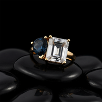 Duo White Topaz Blue Sapphire Ring in 14K Yellow Gold