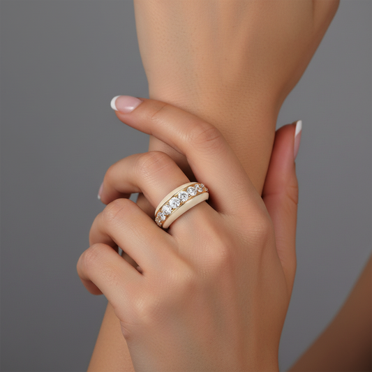 White Enamel Diamond Band Ring in 14K Yellow Gold