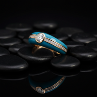 Turquoise Round Diamond Center Pave Enamel Ring in 14K Gold