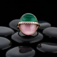 Diamonds Malachite Pink Quartz Signet Ring in 14K Yellow Gold