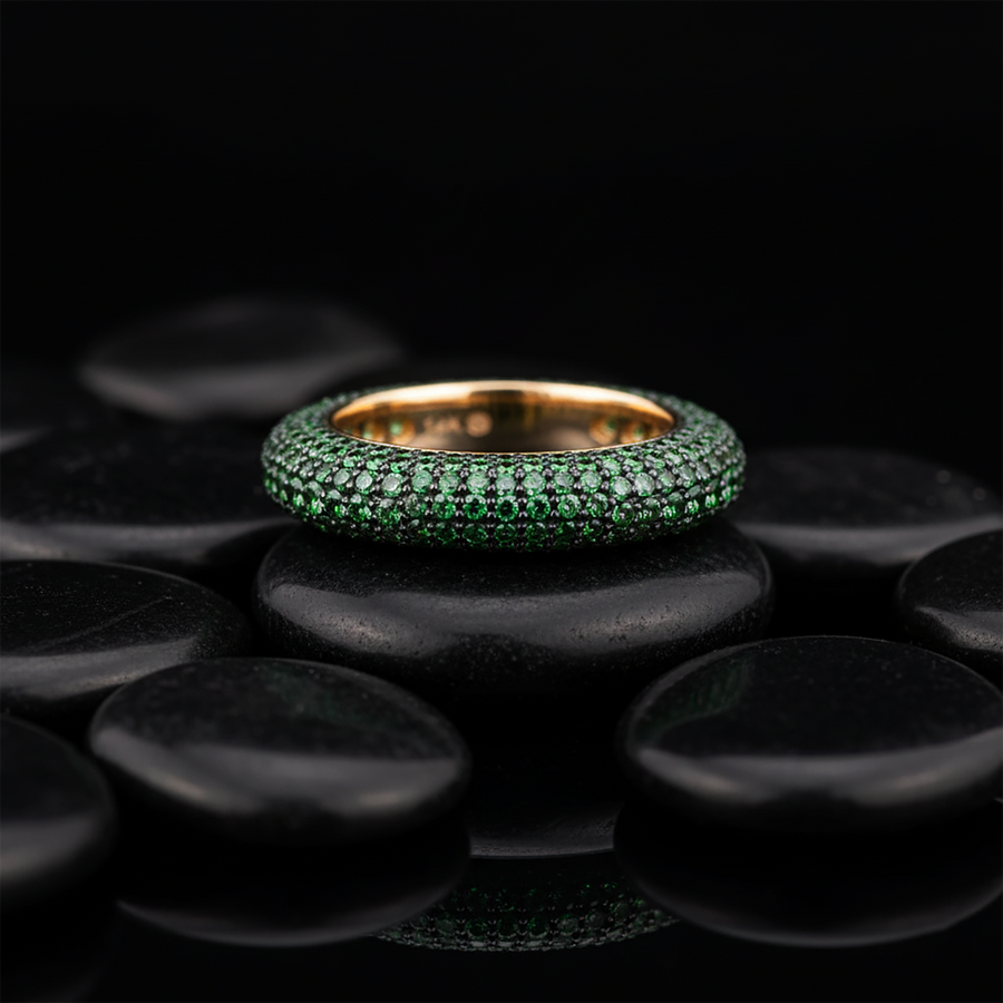 Pave Emerald Band Dome Ring in 14K Yellow Gold