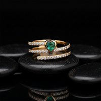 Heart Emerald Triple Band Diamond Spiral Ring in 14K Yellow Gold