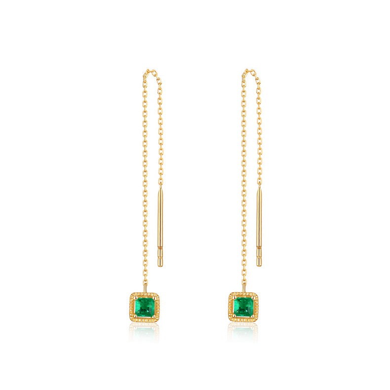 Square Emerald Threader Earrings in 14K Yellow Gold