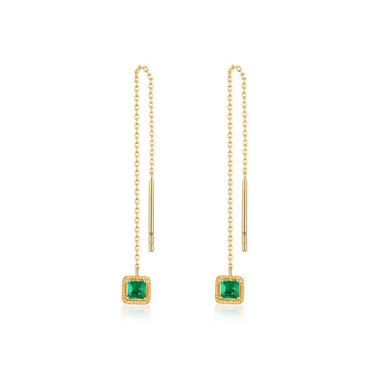 Square Emerald Threader Earrings in 14K Yellow Gold
