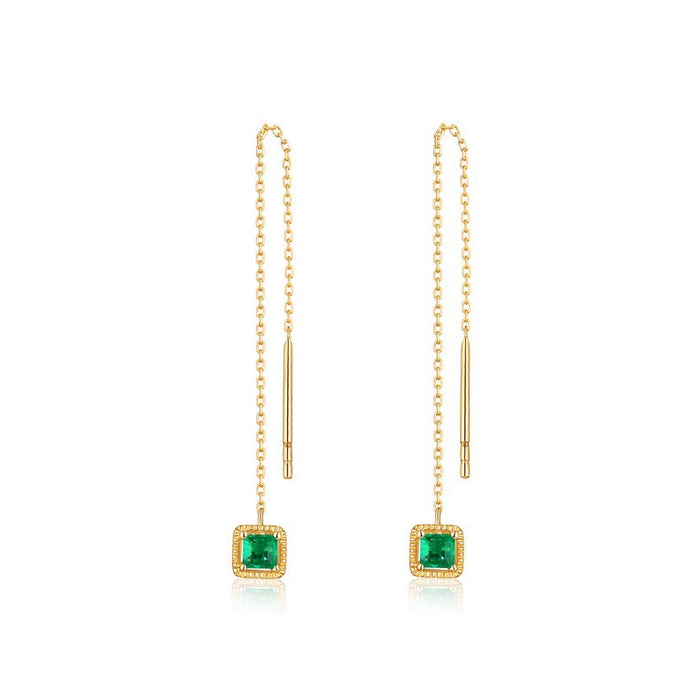 Square Emerald Threader Earrings in 14K Yellow Gold