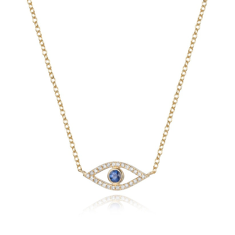 Golden Sapphire Evil Eye Charm Necklace in 14K Gold