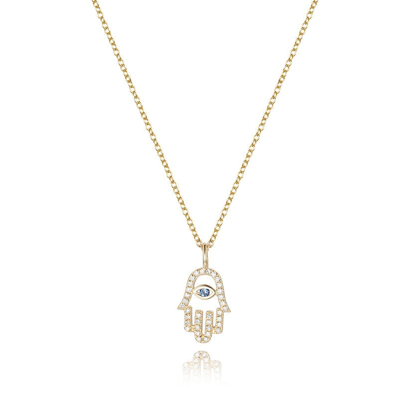 Hamsa Hand Pave Diamond Blue Sapphire Necklace in 14K Gold