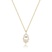 Hamsa Hand Pave Diamond Blue Sapphire Necklace in 14K Gold