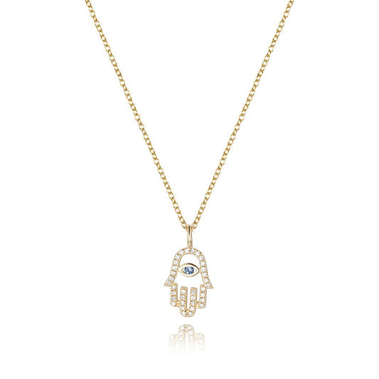 Hamsa Hand Pave Diamond Blue Sapphire Necklace in 14K Gold