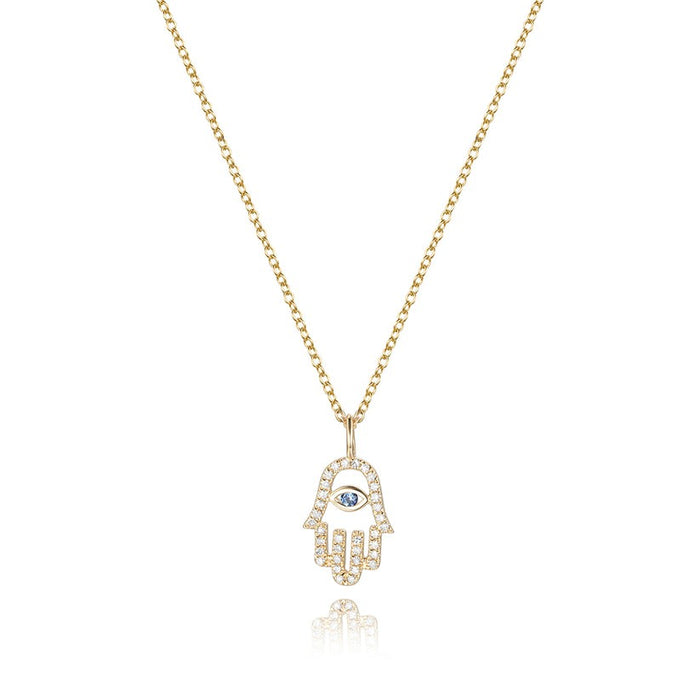 Hamsa Hand Pave Diamond Blue Sapphire Necklace in 14K Gold