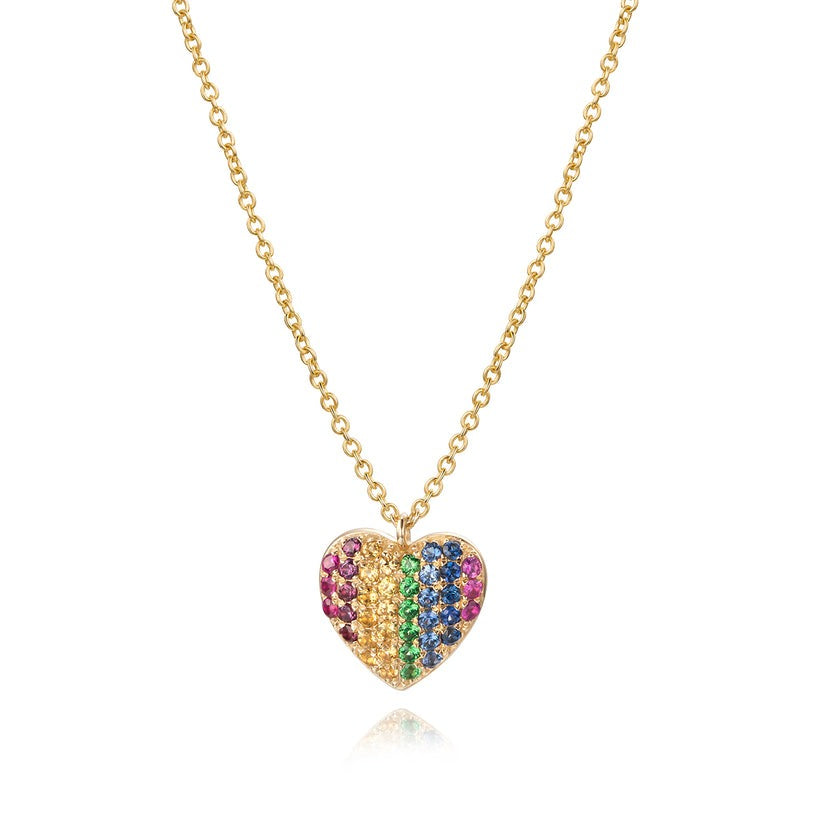Heart Pave Round Sapphire Necklace in 14K Yellow Gold