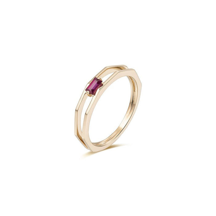 Hexagon Open Band Baguette Ruby Ring in 14K Yellow Gold