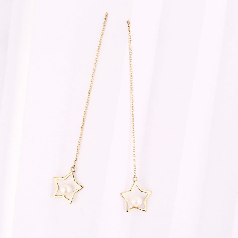 Open Star Freshwater Pearl Threader Earrings in 14K Yellow Gold