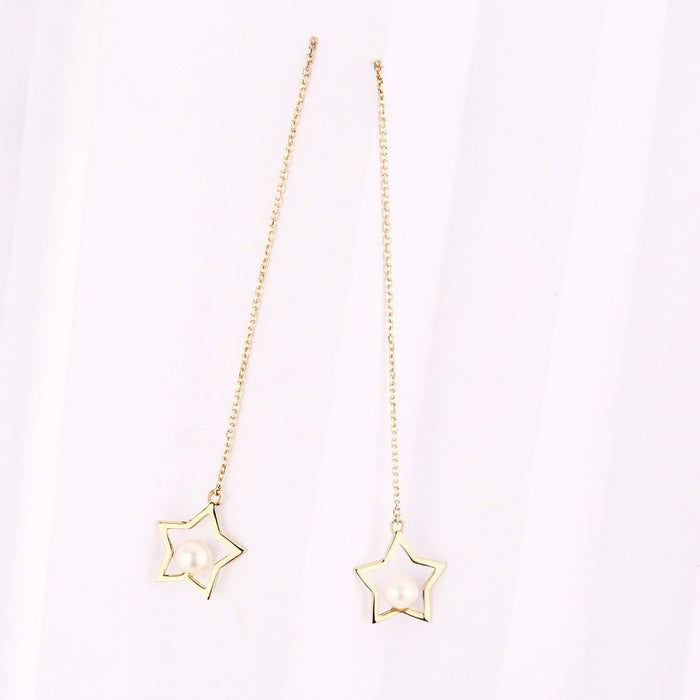 Open Star Freshwater Pearl Threader Earrings in 14K Yellow Gold
