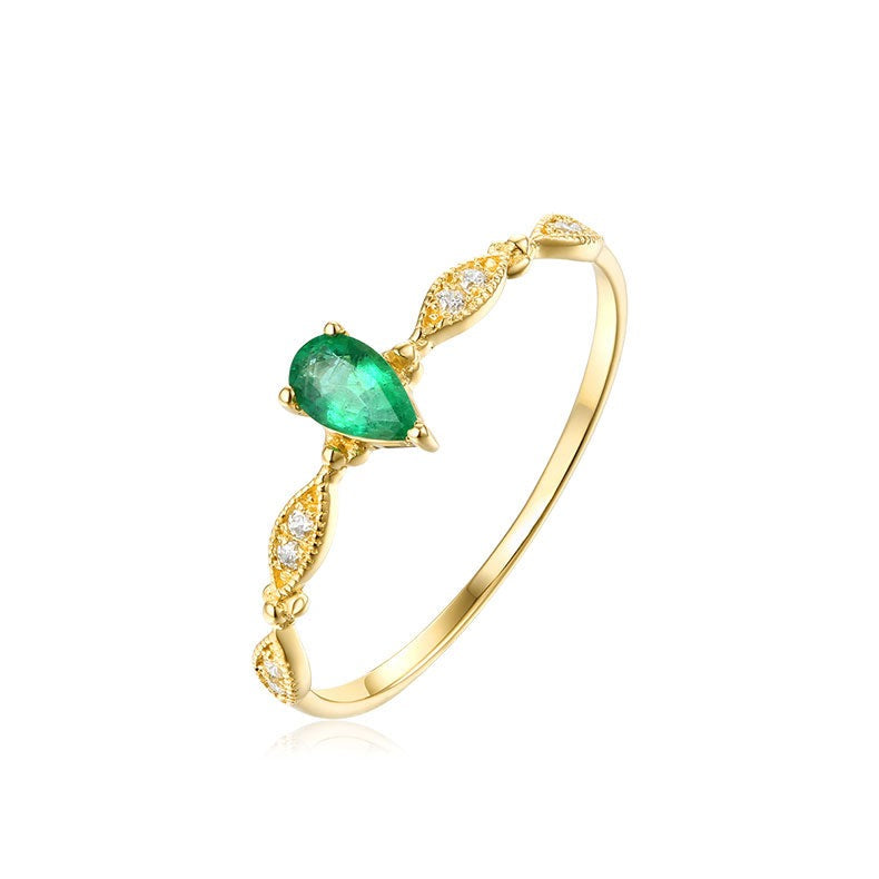 Pear Cut Emerald Marquise Diamond Ring in 14K Yellow Gold