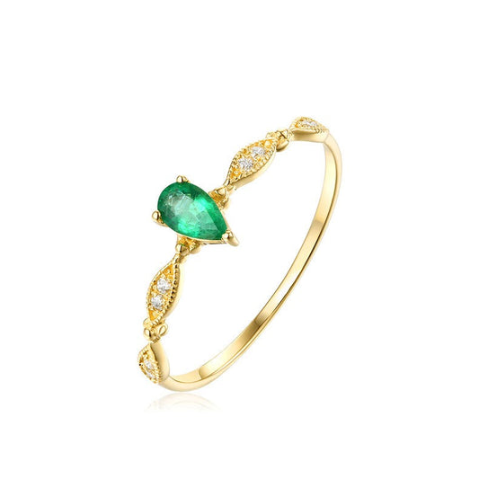 Pear Cut Emerald Marquise Diamond Ring in 14K Yellow Gold