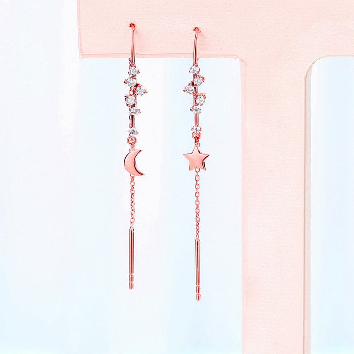 Moon Star Diamond Threader Earrings in 14K Rose Gold