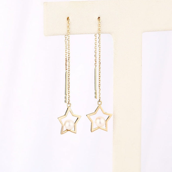 Open Star Freshwater Pearl Threader Earrings in 14K Yellow Gold