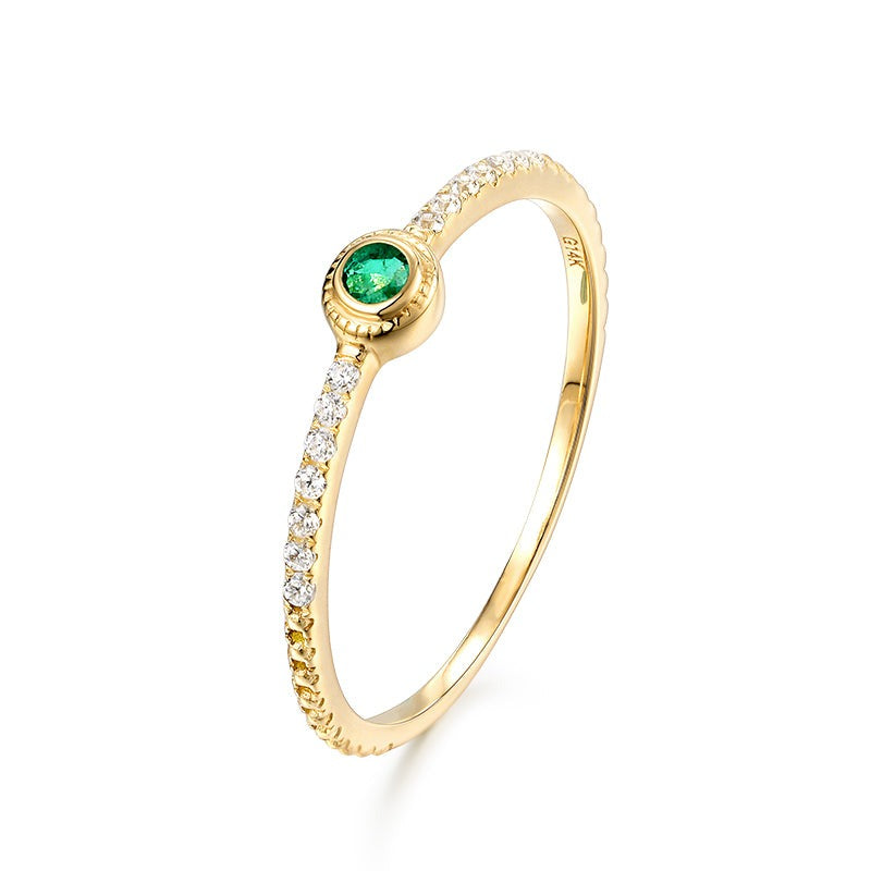 Bezel Set Round Emerald Pave Diamond Ring in 14K Yellow Gold
