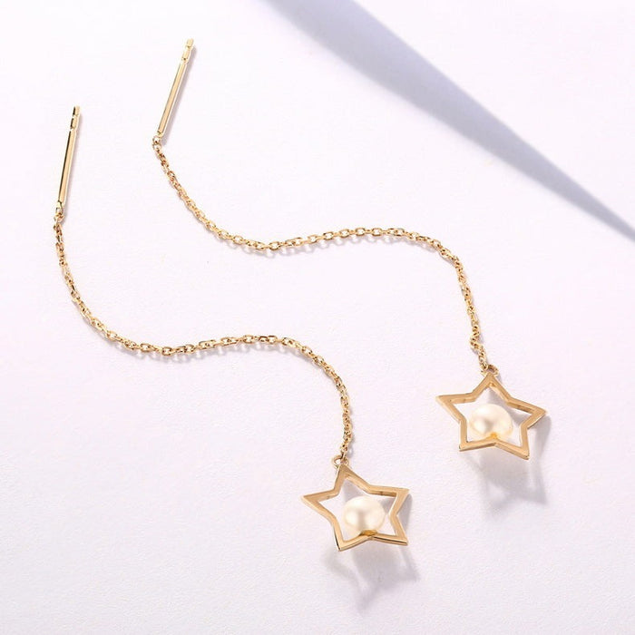 Open Star Freshwater Pearl Threader Earrings in 14K Yellow Gold