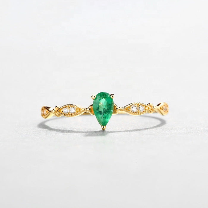 Pear Cut Emerald Marquise Diamond Ring in 14K Yellow Gold