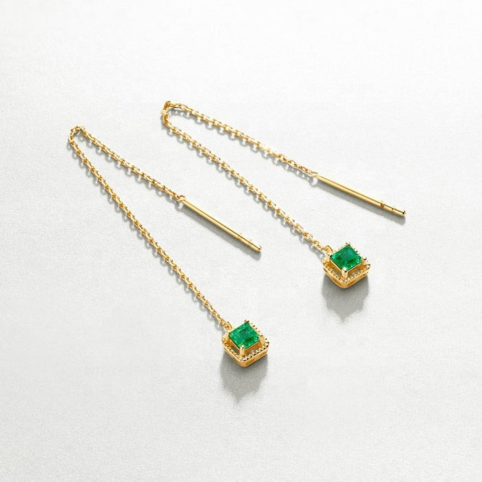 Square Emerald Threader Earrings in 14K Yellow Gold