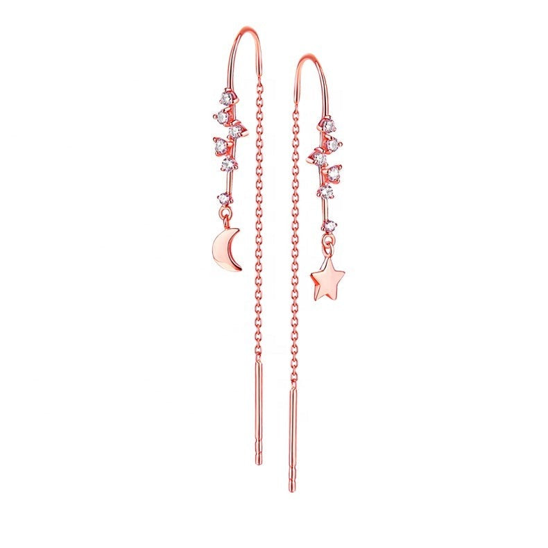 Moon Star Diamond Threader Earrings in 14K Rose Gold