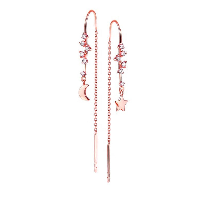 Moon Star Diamond Threader Earrings in 14K Rose Gold