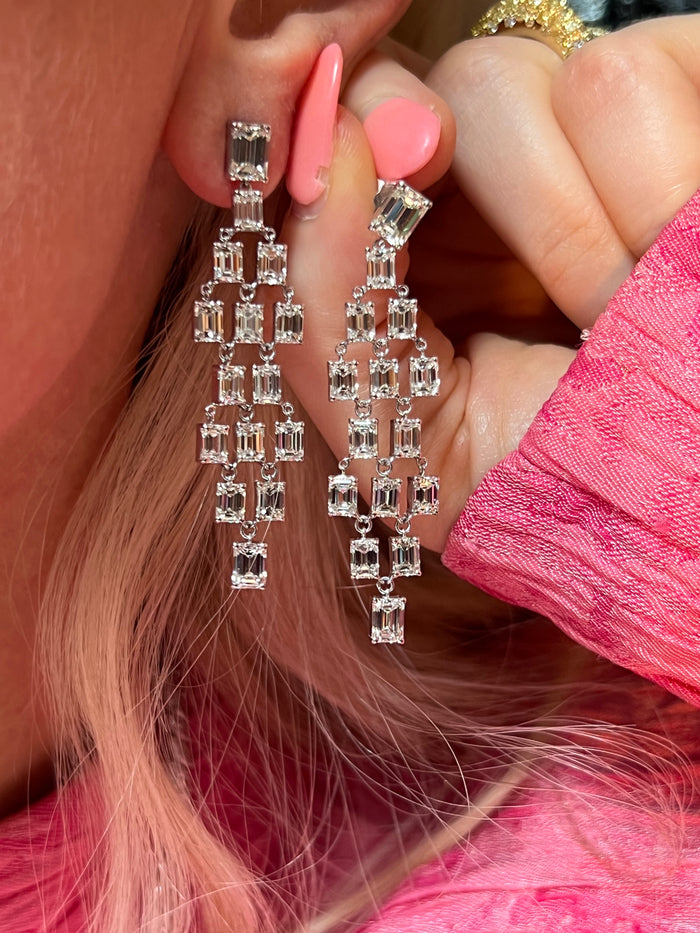 Baguette Diamond Cascade Earrings in 18K White Gold