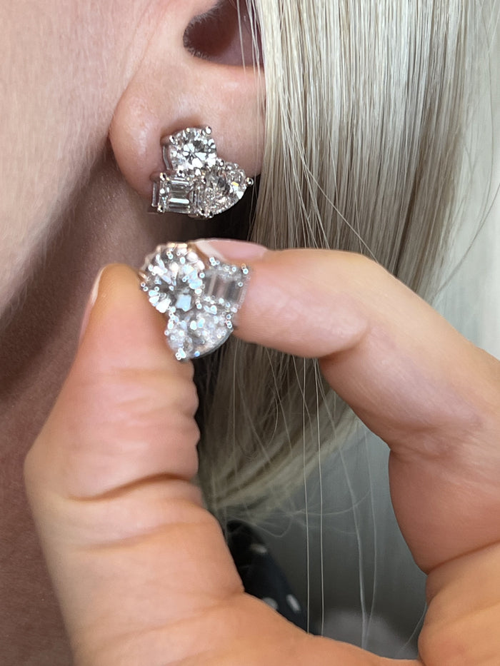 Multi Cut Diamond Heart Stud Earrings in 18K White Gold